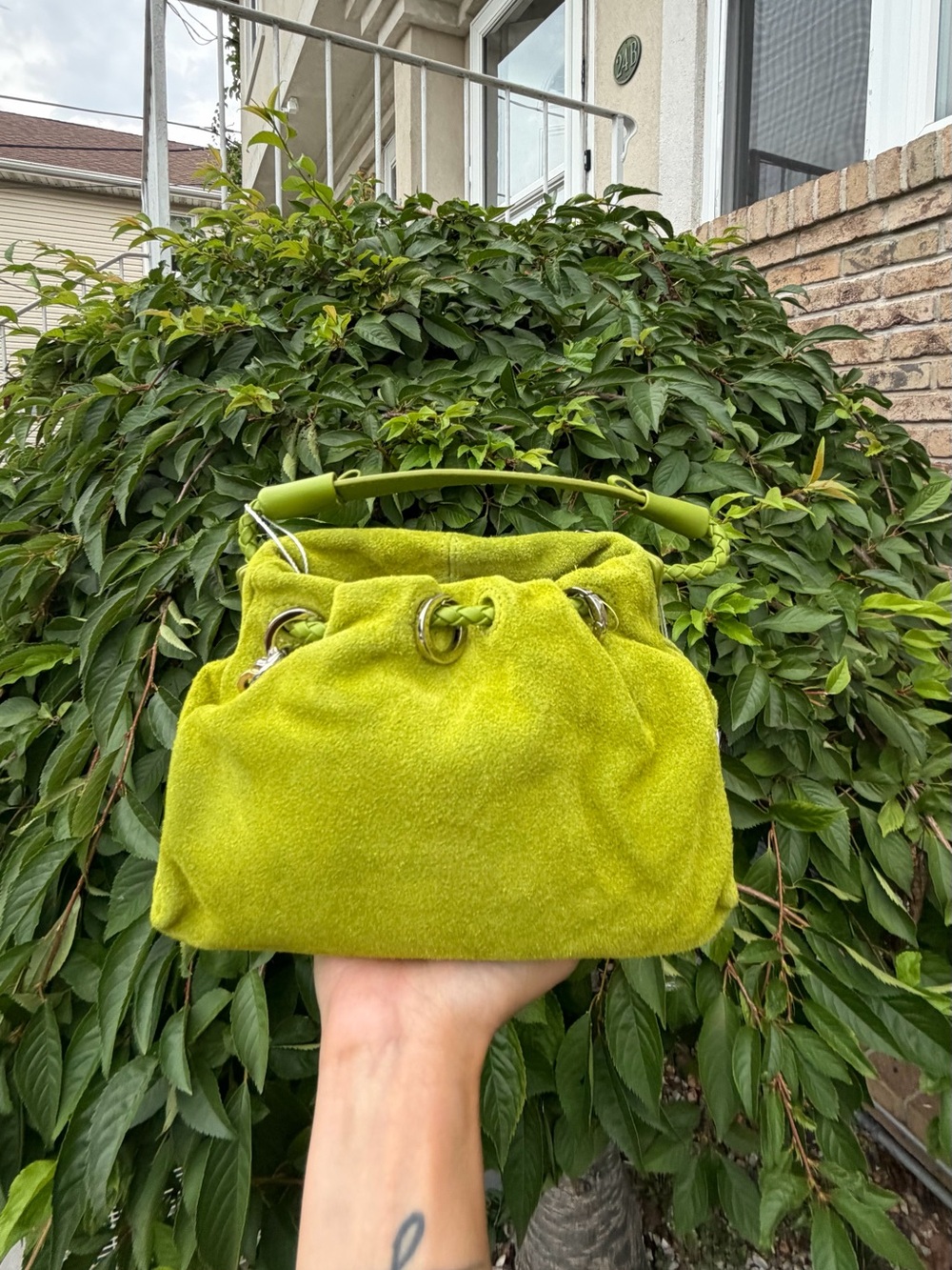 NWT Lime Green Suede Cloud Pouch Dumpling Crossbody Top Handle Shoulder Bag